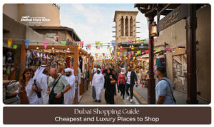 Shoppers exploring Dubai’s vibrant malls and traditional souks, surrounded by luxury brands and local markets.