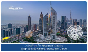 Myanmar passport and Dubai visa application documents prepared for online submission.