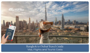 Traveler flying from Bangkok to Dubai, showcasing skyline views, landmarks, and cultural attractions.