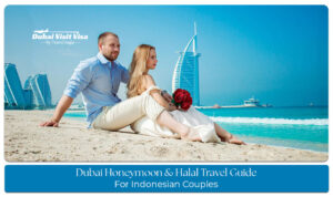 Romantic Dubai honeymoon moments for Indonesian couples with desert sunsets, beaches, and luxury city views.