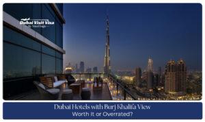 Luxury Dubai hotel room with a clear view of the Burj Khalifa from the window.