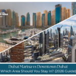 Comparison of Dubai Marina skyline with yachts and Downtown Dubai with Burj Khalifa in 2026.