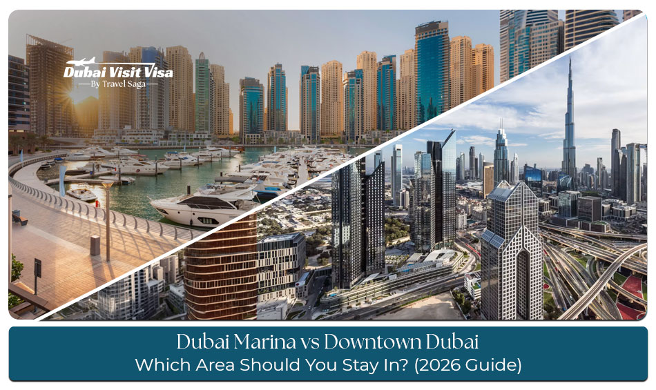 Comparison of Dubai Marina skyline with yachts and Downtown Dubai with Burj Khalifa in 2026.