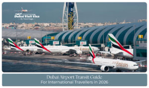 Travelers navigating Dubai International Airport during a smooth transit journey.