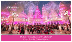 Dubai festival celebration with colorful lights, cultural performances, and visitors enjoying seasonal events.
