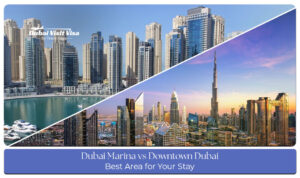 View of Dubai Marina and Downtown Dubai showcasing modern skyscrapers, waterfront promenades, and iconic city landmarks.
