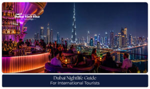 Dubai nightlife scene featuring illuminated skyscrapers, rooftop lounges, waterfront dining, and vibrant evening entertainment.