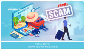 Traveler in Dubai staying alert to common tourist scams while exploring popular attractions and busy city areas.