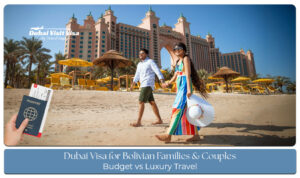 Happy Bolivian family and couple exploring Dubai’s famous attractions, modern skyline, and luxury experiences.