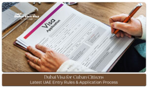 Cuban citizen completing a Dubai visa application with passport, travel documents, and Dubai skyline in the background.