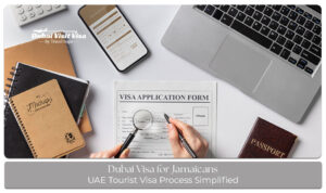 Jamaican traveler preparing for a Dubai trip with passport, visa documents, and Dubai skyline in the background.