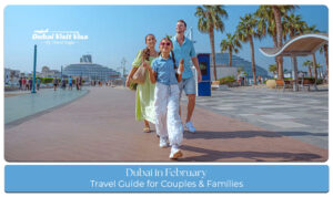 Dubai skyline and outdoor attractions during February with pleasant weather and clear skies.