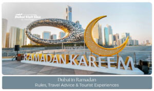 Dubai illuminated during Ramadan, with festive lights, traditional decorations, and families gathering for Iftar.