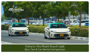 Travelers journeying from Dubai to Abu Dhabi with modern highways and iconic UAE landmarks in view.