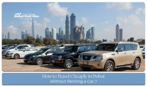 Tourists exploring Dubai on a budget using public transport and visiting affordable attractions.