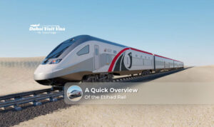Etihad Rail train traveling through the UAE desert landscape with modern infrastructure.