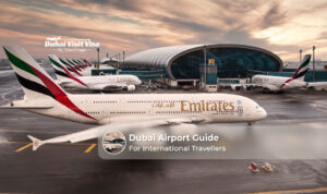 Dubai International Airport terminal with international travellers arriving and departing.