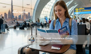 International traveller reviewing Dubai travel insurance policy with passport, flight tickets, and travel documents