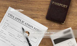 Traveller applying online for an express UAE visa with passport and travel documents.