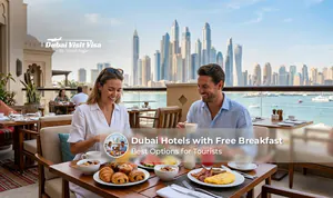 Dubai hotel room and breakfast setup for tourists.