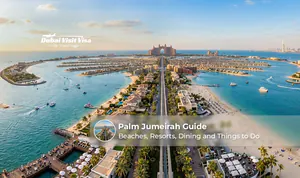 Palm Jumeirah Dubai with luxury hotels and coastline views.