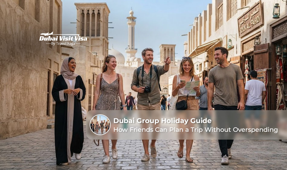 Friends enjoying a memorable group holiday with Dubai landmarks and attractions in the background.