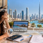 Travellers preparing for an extended holiday in Dubai with visa documents and luggage.