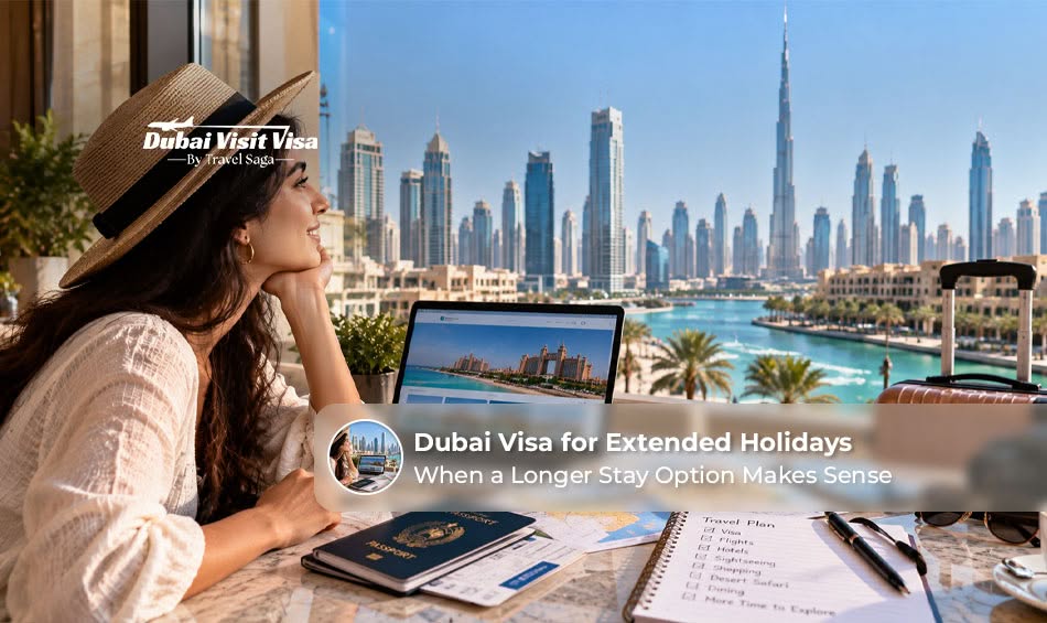 Travellers preparing for an extended holiday in Dubai with visa documents and luggage.