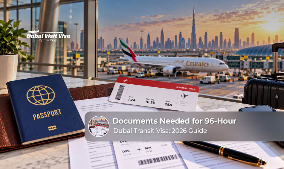 Traveller preparing passport and required paperwork for a short Dubai transit stay.