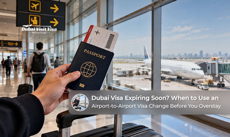 Traveller checking a passport and visa documents before the Dubai visa expiry date.
