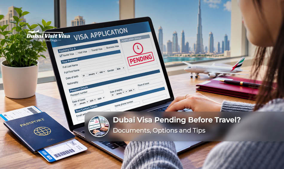 Traveller checking a pending Dubai visa application on a laptop with a passport and travel documents nearby.